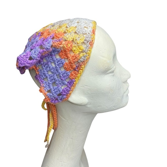 Multicolor Crochet Triangle Bandanna Headscarf Handcrafted Pima Cotton Boho Knit - Picture 12 of 15